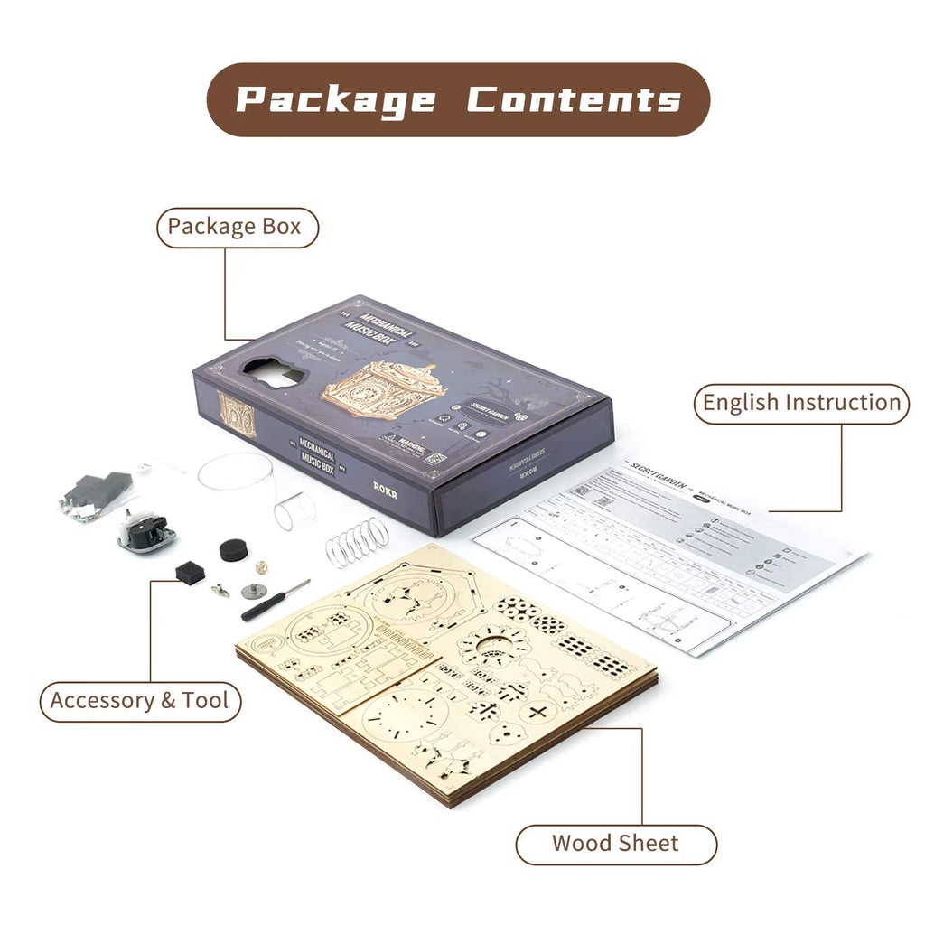 ROKR DIY Mechanical Music Box Kit 3D Wooden Puzzle Box for Adults Self-Assembly Building Project - Secret Garden