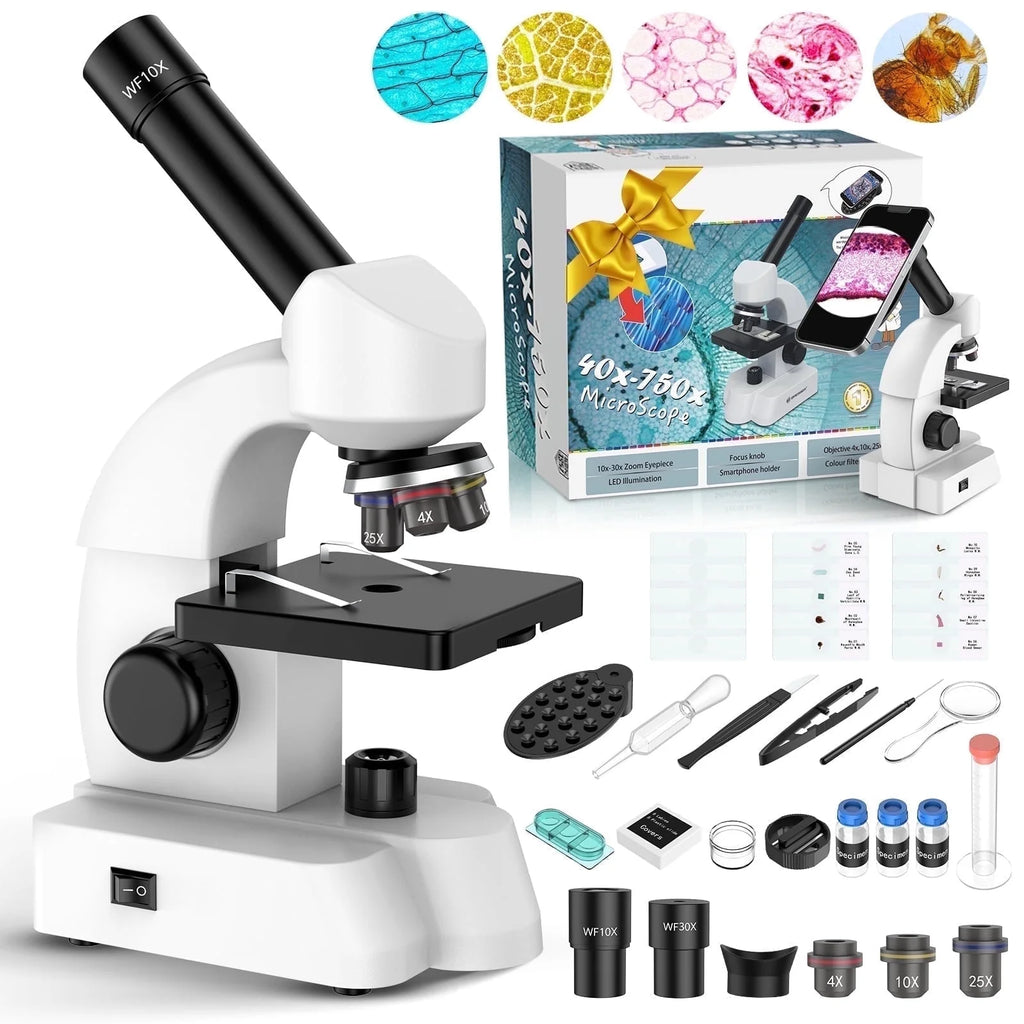 Microscope for Kids Beginners Student,Compound Biological Educational Microscope with Smartphone Adapter Slides Set,Educational Kits Gift
