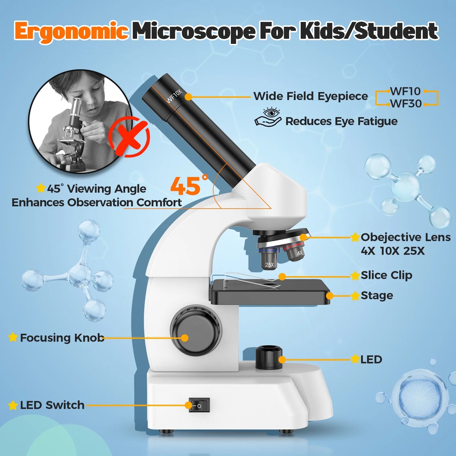 Microscope for Kids Beginners Student,Compound Biological Educational Microscope with Smartphone Adapter Slides Set,Educational Kits Gift