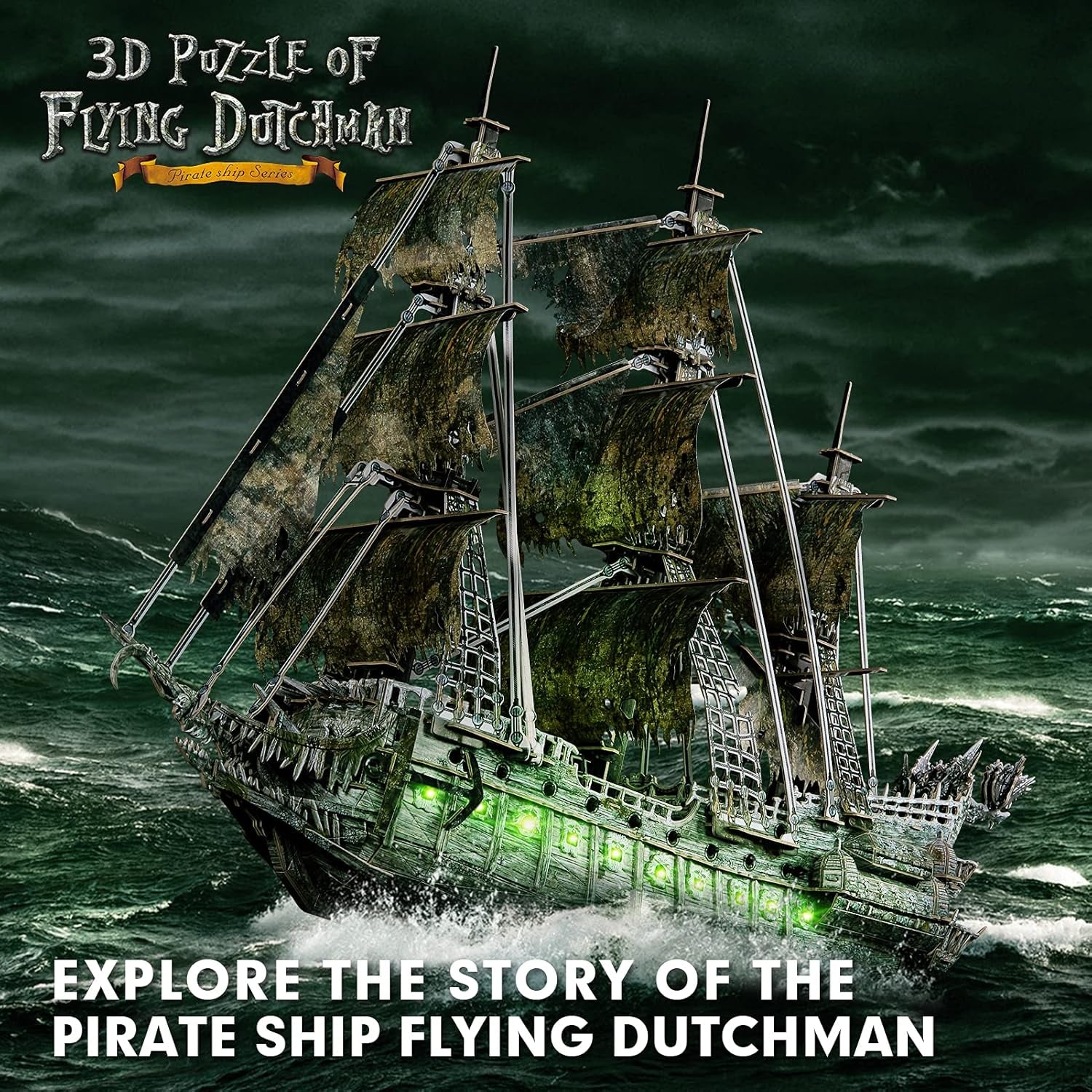3D Puzzles for Adults Green LED Flying Dutchman, 360 Pieces Pirate Ship Arts & Crafts for Adults Gifts for Men Women Model Kit, Lighting Ghost Ship Easter Gift for Him