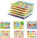 Wooden Puzzles for Toddlers 1-3 6 Pack Alphabet Puzzles with Knobs Number Puzzle for Kids with Wire Puzzle Holder Rack Chunky ABC Puzzle Board Shape Puzzles for Preschool Boys and Girls-Birthday Gift