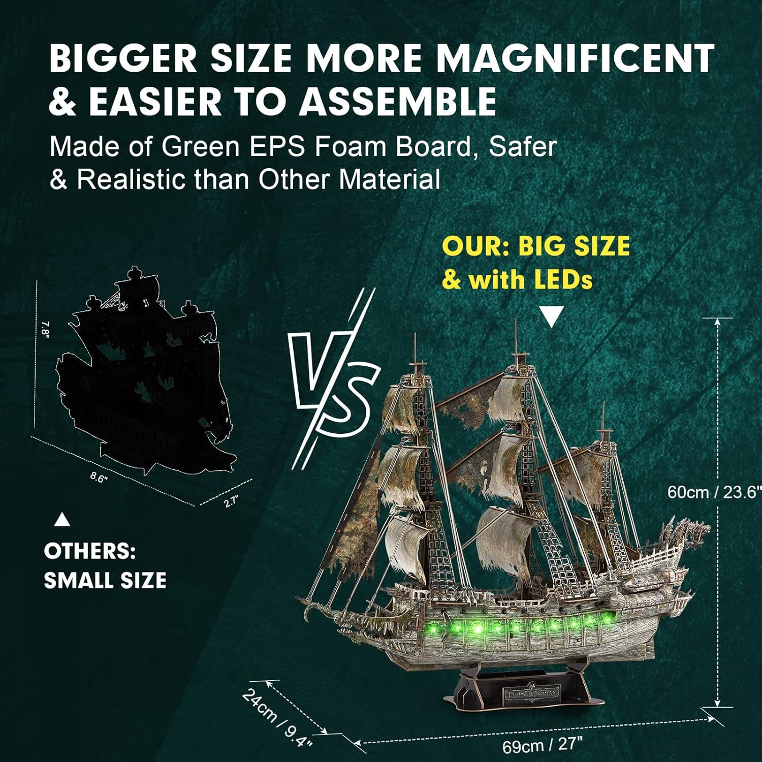 3D Puzzles for Adults Green LED Flying Dutchman, 360 Pieces Pirate Ship Arts & Crafts for Adults Gifts for Men Women Model Kit, Lighting Ghost Ship Easter Gift for Him