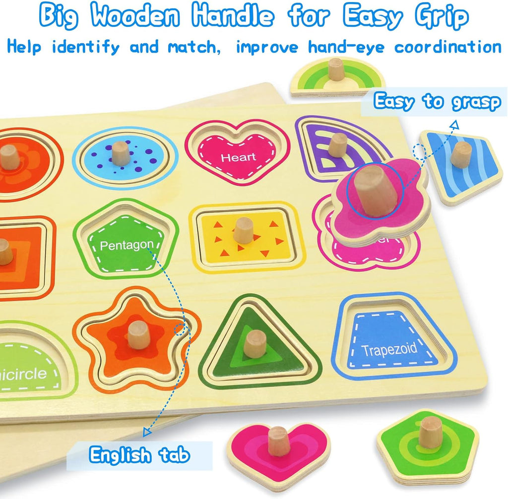 Wooden Puzzles for Toddlers 1-3 6 Pack Alphabet Puzzles with Knobs Number Puzzle for Kids with Wire Puzzle Holder Rack Chunky ABC Puzzle Board Shape Puzzles for Preschool Boys and Girls-Birthday Gift