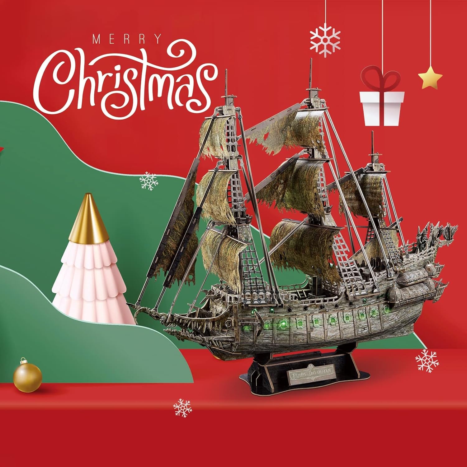 3D Puzzles for Adults Green LED Flying Dutchman, 360 Pieces Pirate Ship Arts & Crafts for Adults Gifts for Men Women Model Kit, Lighting Ghost Ship Easter Gift for Him