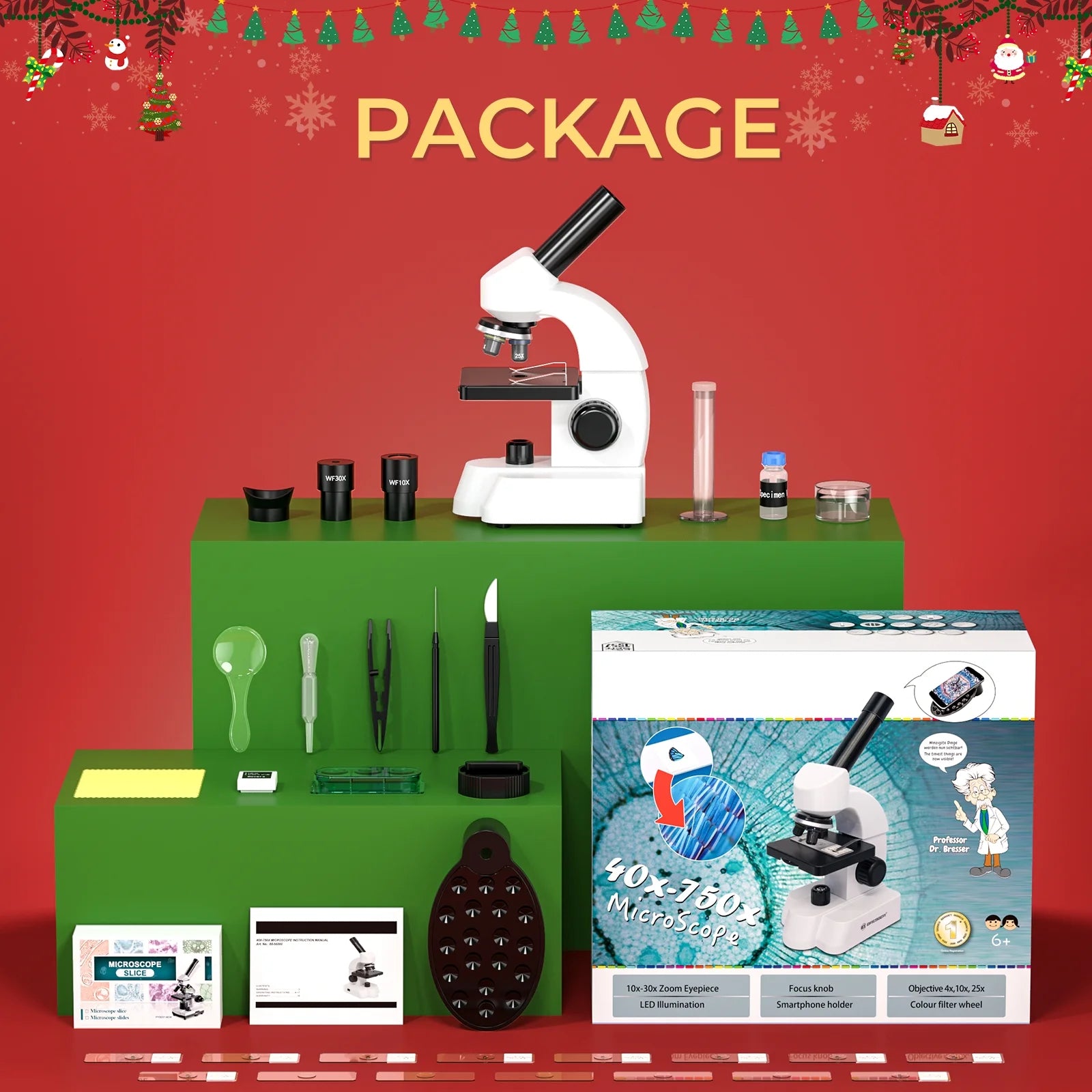 Microscope for Kids Beginners Student,Compound Biological Educational Microscope with Smartphone Adapter Slides Set,Educational Kits Gift