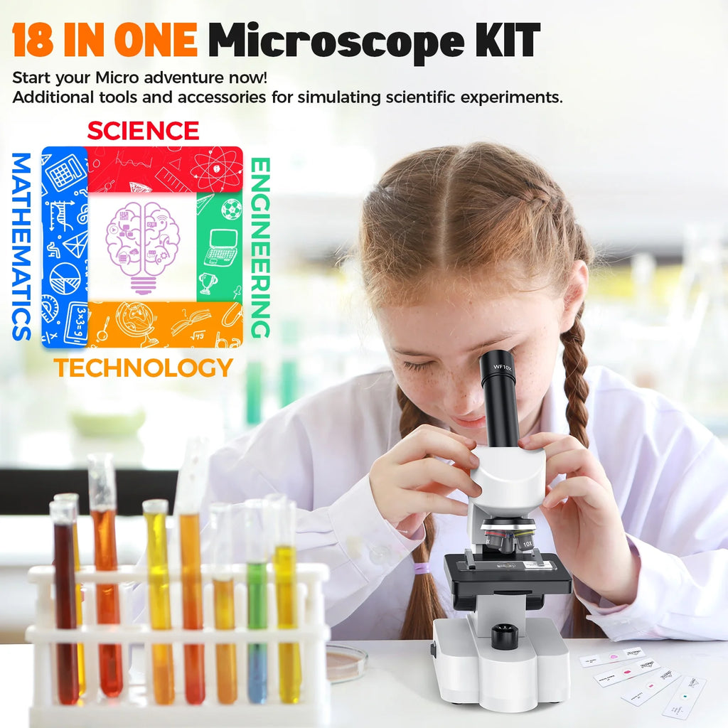 Microscope for Kids Beginners Student,Compound Biological Educational Microscope with Smartphone Adapter Slides Set,Educational Kits Gift
