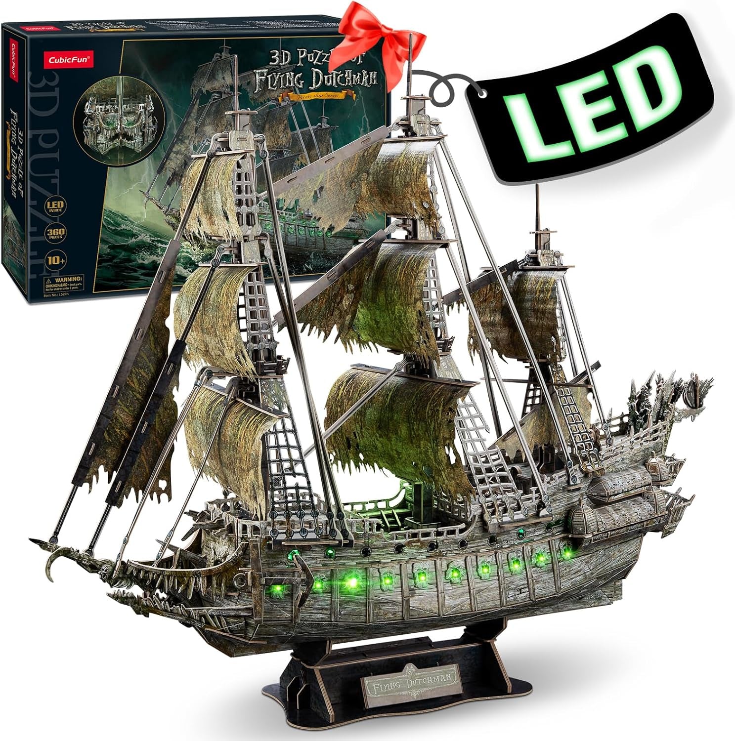 3D Puzzles for Adults Green LED Flying Dutchman, 360 Pieces Pirate Ship Arts & Crafts for Adults Gifts for Men Women Model Kit, Lighting Ghost Ship Easter Gift for Him